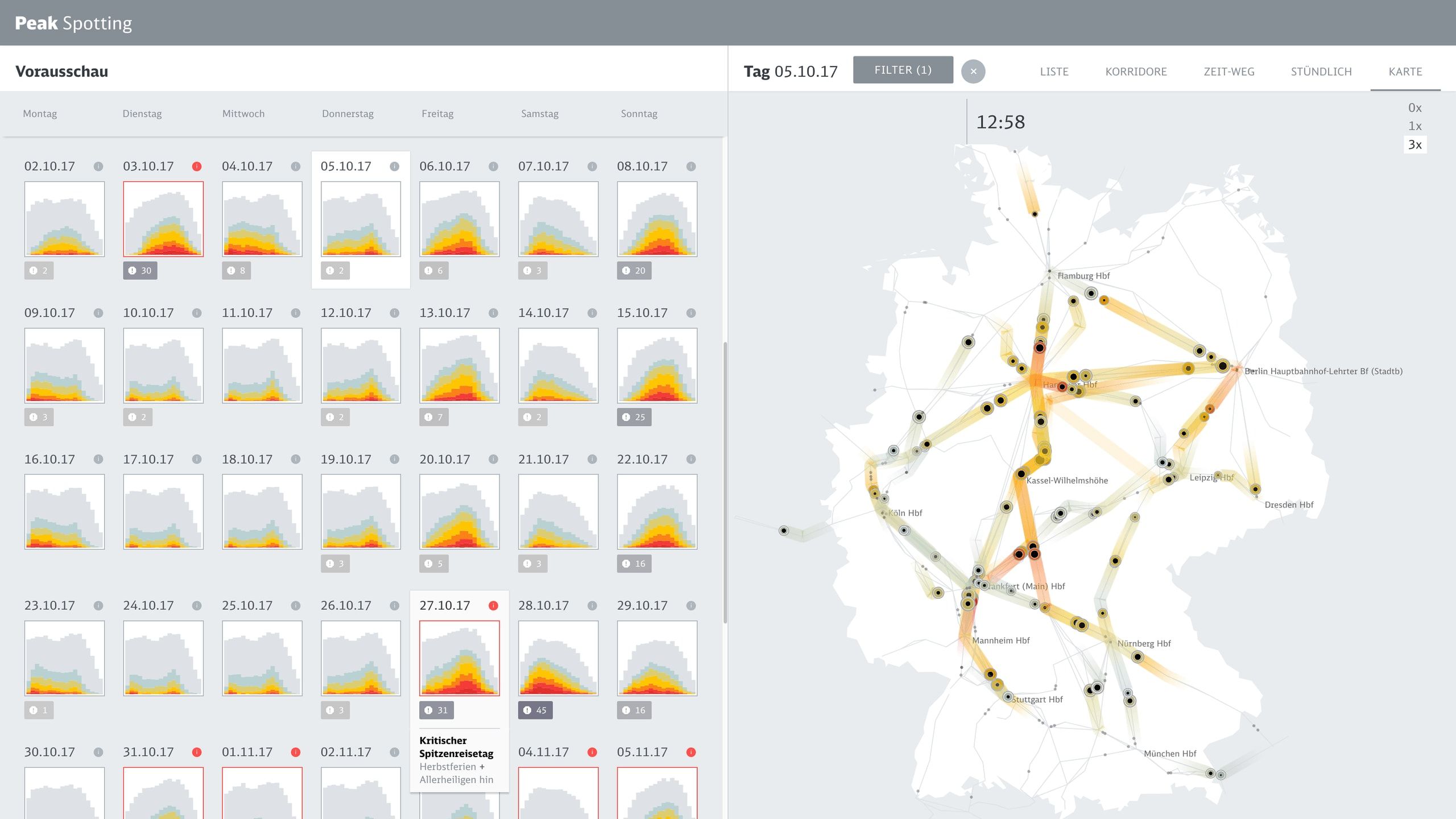 Calendar overview beside an animated map of Germany showing live train passenger flows