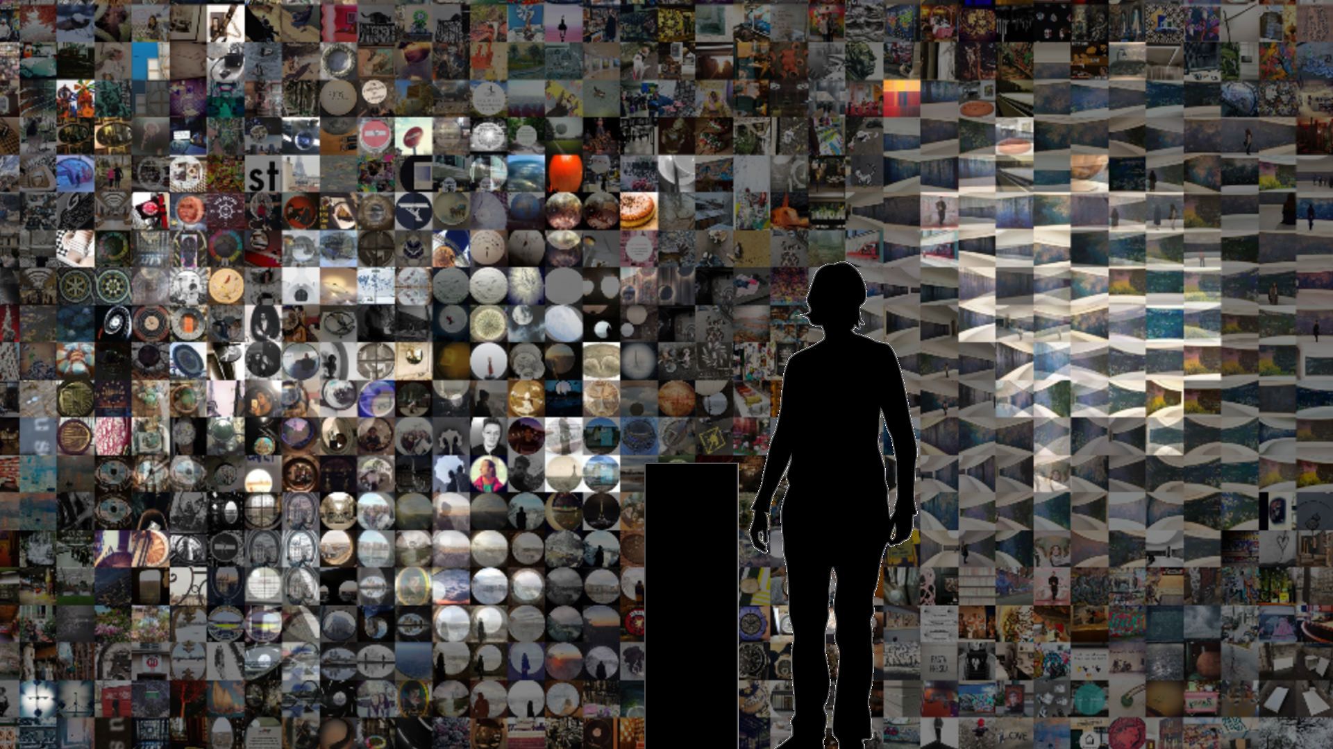 Mid-zoom view of the image map, thousands of Paris photos clustered by visual similarity, with a human silhouette for scale