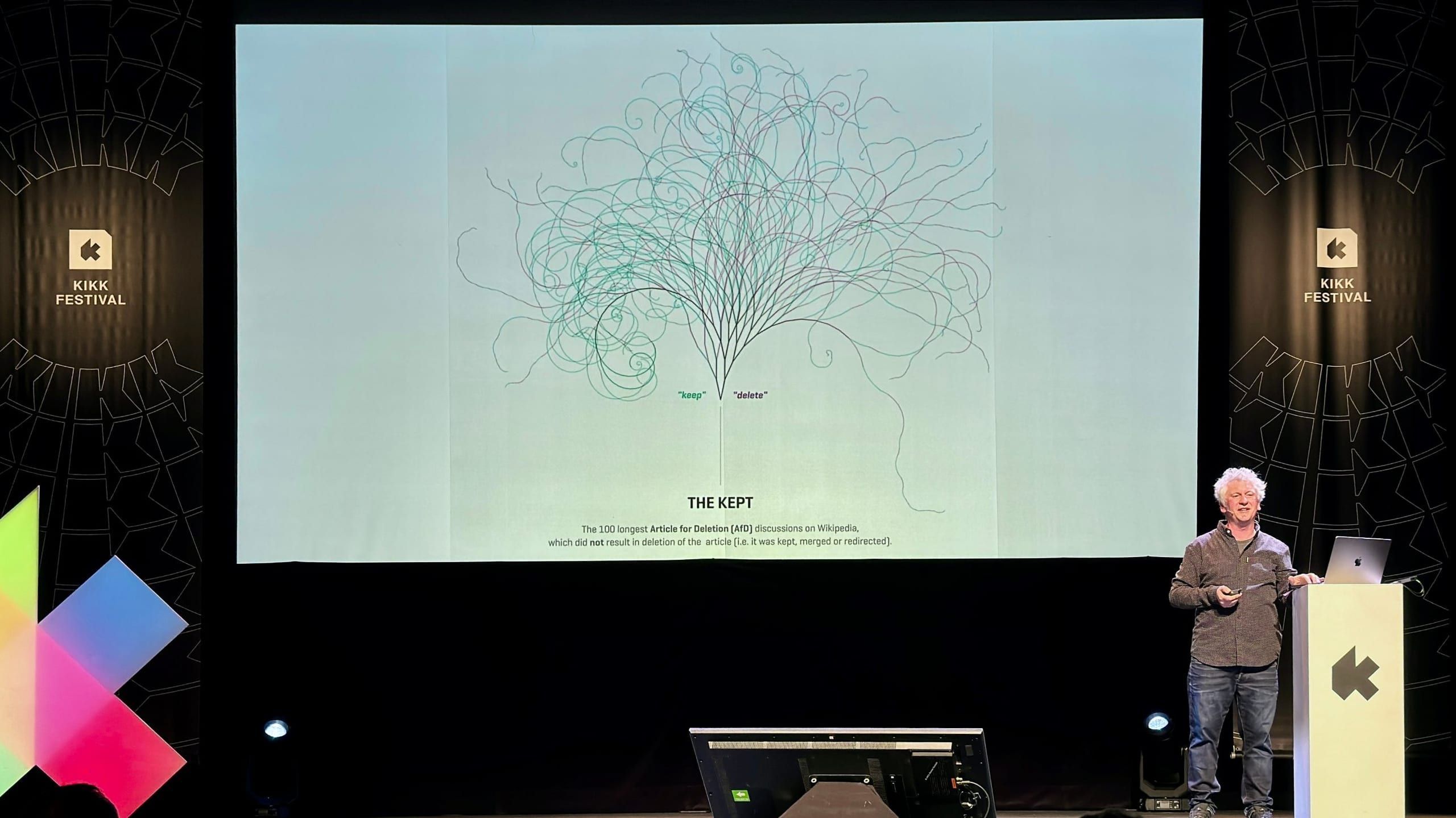 Moritz Stefaner on stage in front of a slide titled "The Kept", a tree of curling green and purple lines showing the 100 longest Wikipedia Articles for Deletion discussions, from the Notabilia project