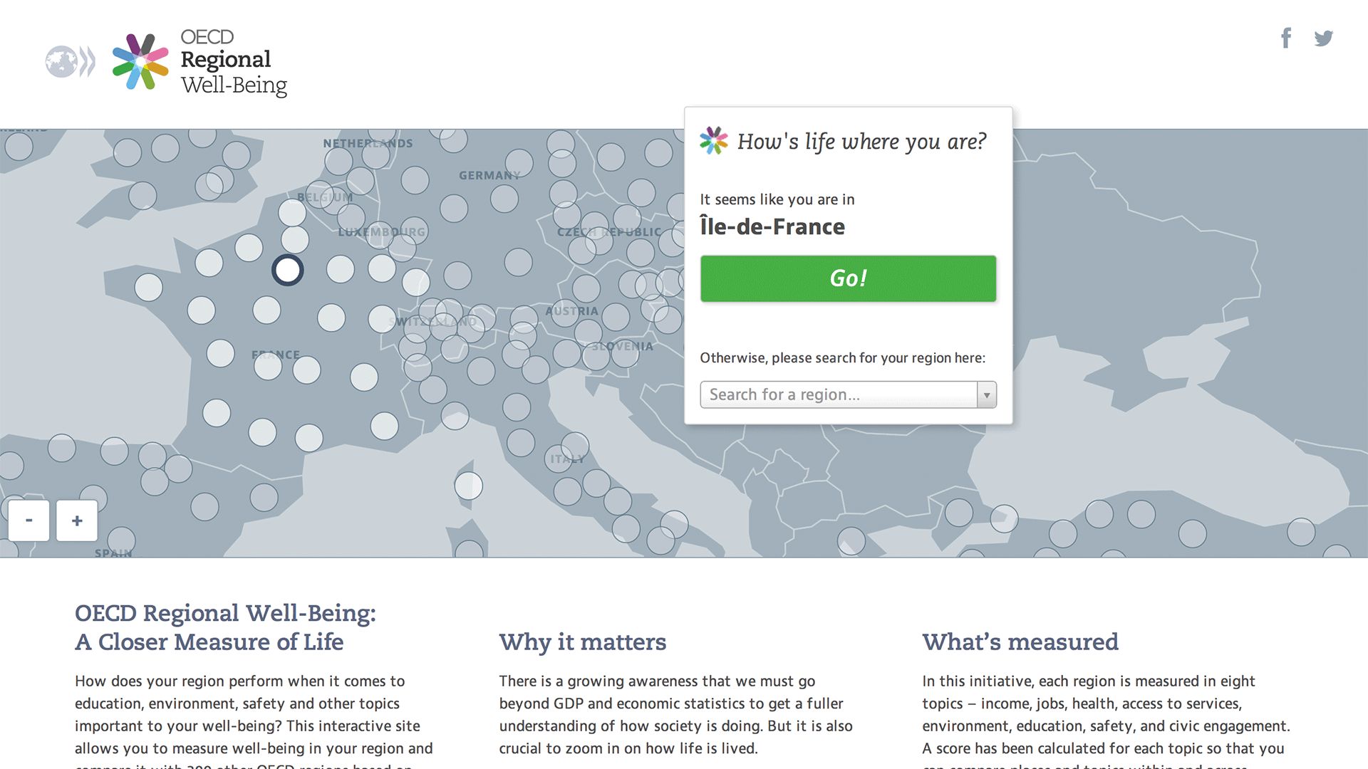 Homepage with a dotted map of European OECD regions and a pop-up locating the visitor in Ile-de-France