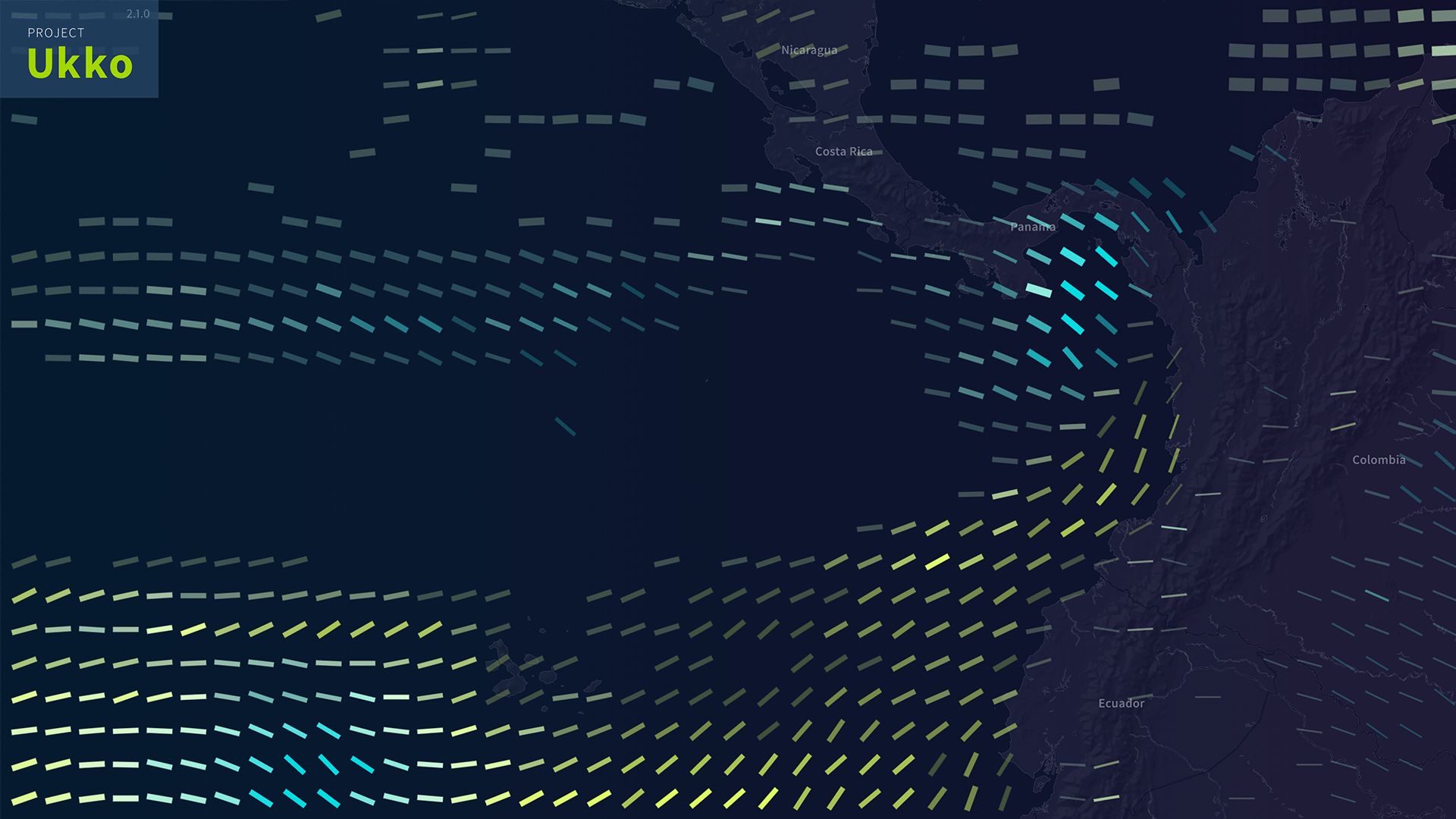 Wind-prediction glyph map over the eastern Pacific near Panama, Colombia and Ecuador