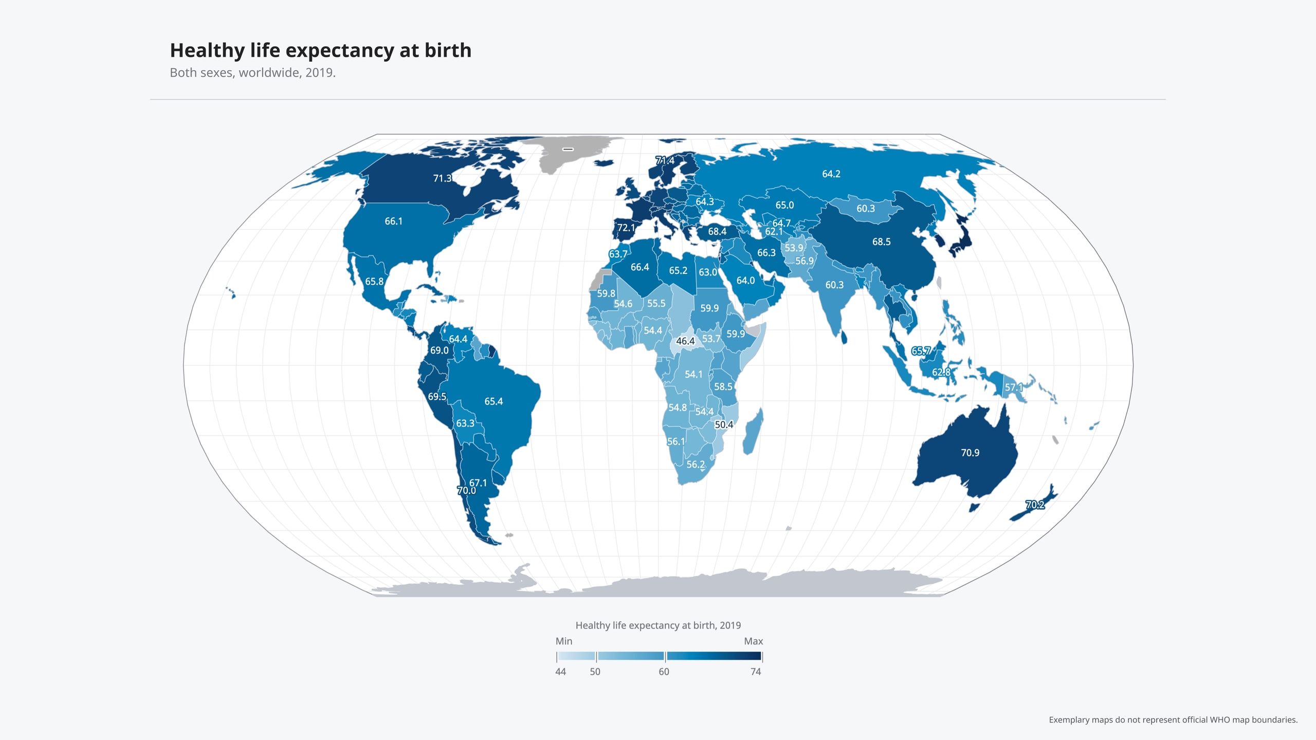 Healthy life expectancy at birth choropleth world map with per-country values for 2019