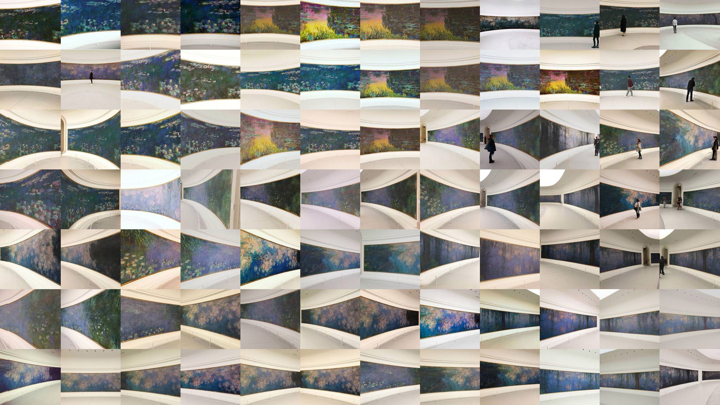 Cluster of visitor photos of Monet's Water Lilies panoramas in the curved rooms of the Orangerie