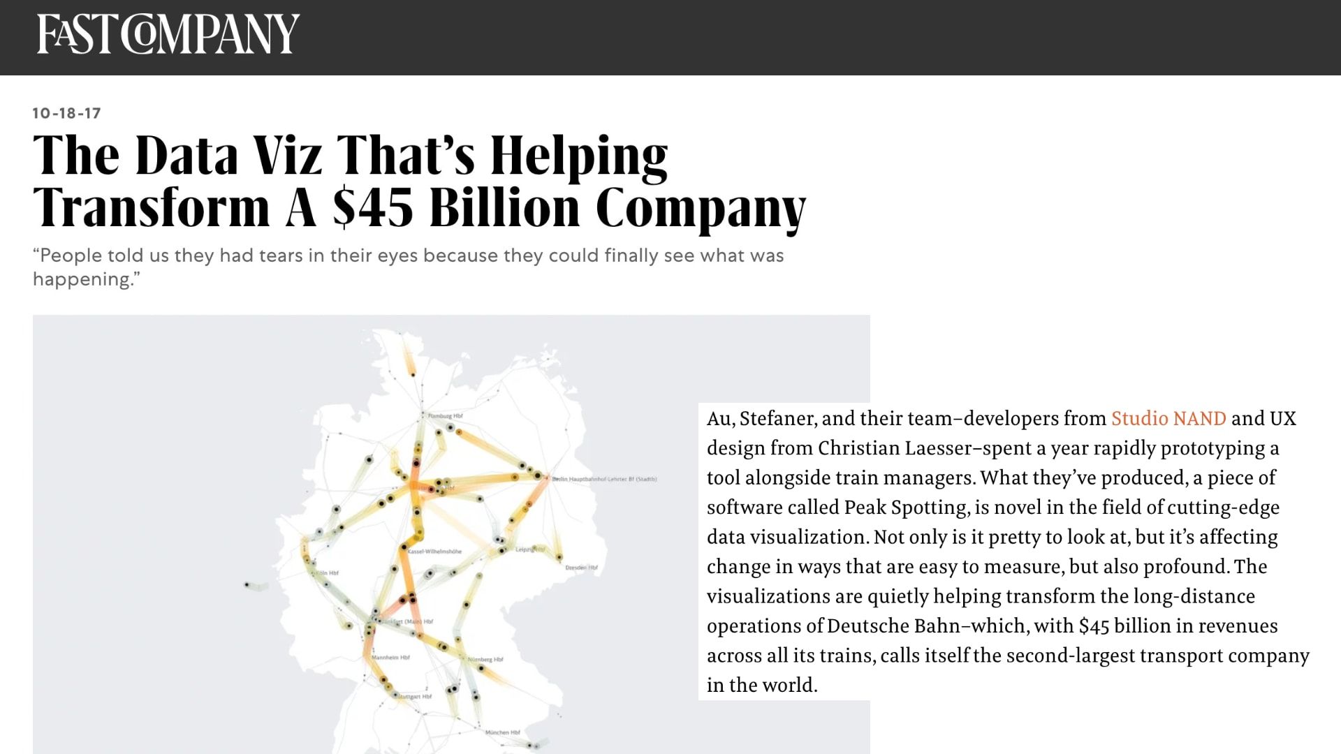 Fast Company article on Peak Spotting, with a map of Germany's rail network showing colored passenger-load flows between stations