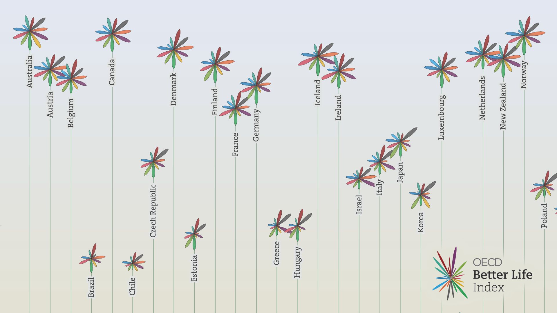 Field of country flowers where higher-scoring nations rise taller, from Australia to Norway, in the Better Life Index