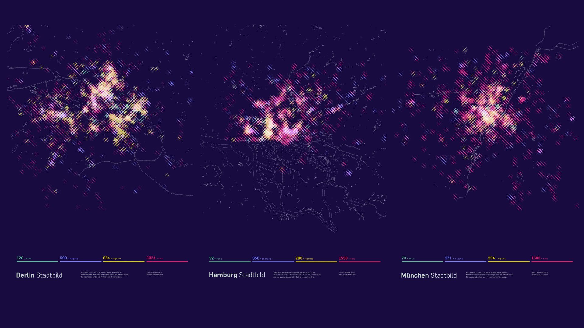 Three Stadtbilder posters side by side comparing digital hotspots of Berlin, Hamburg and München