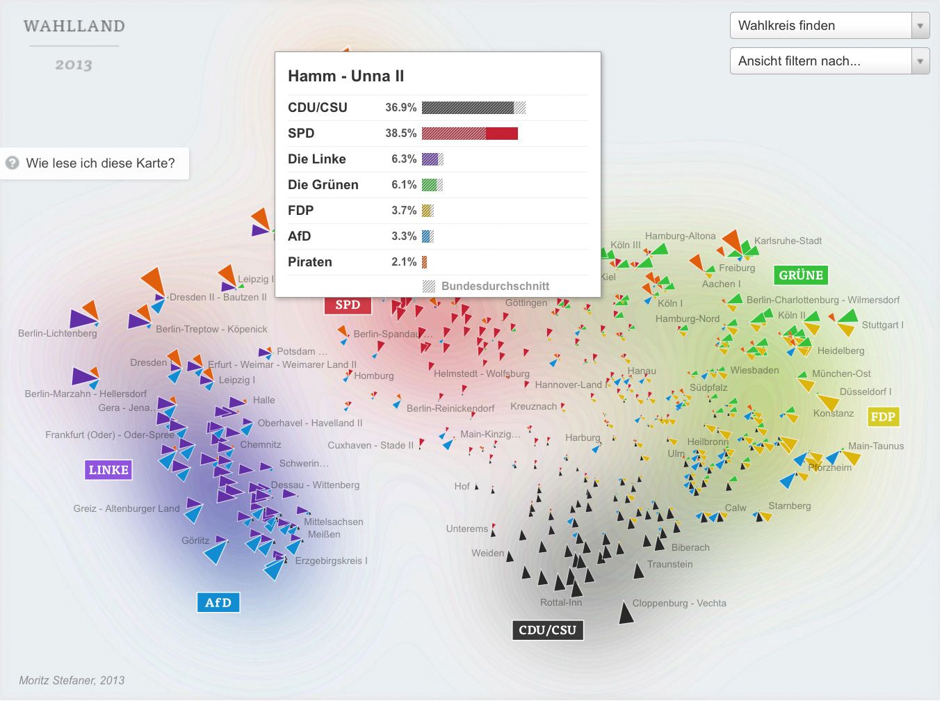 Wahlland map with tooltip for Hamm - Unna II showing party vote shares, SPD 38.5 percent ahead of CDU/CSU 36.9 percent