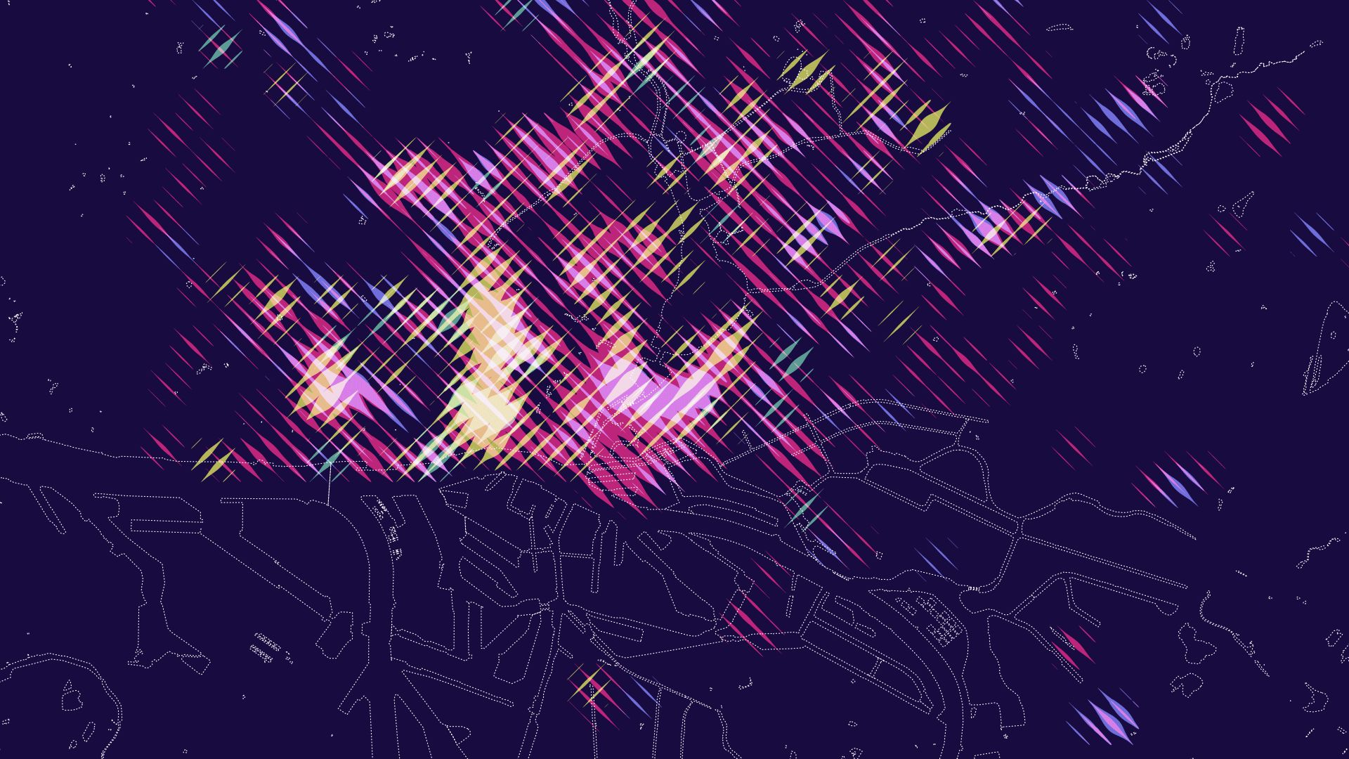 Detail of a Stadtbild map, colored hotspot streaks above white dotted river and harbor outlines