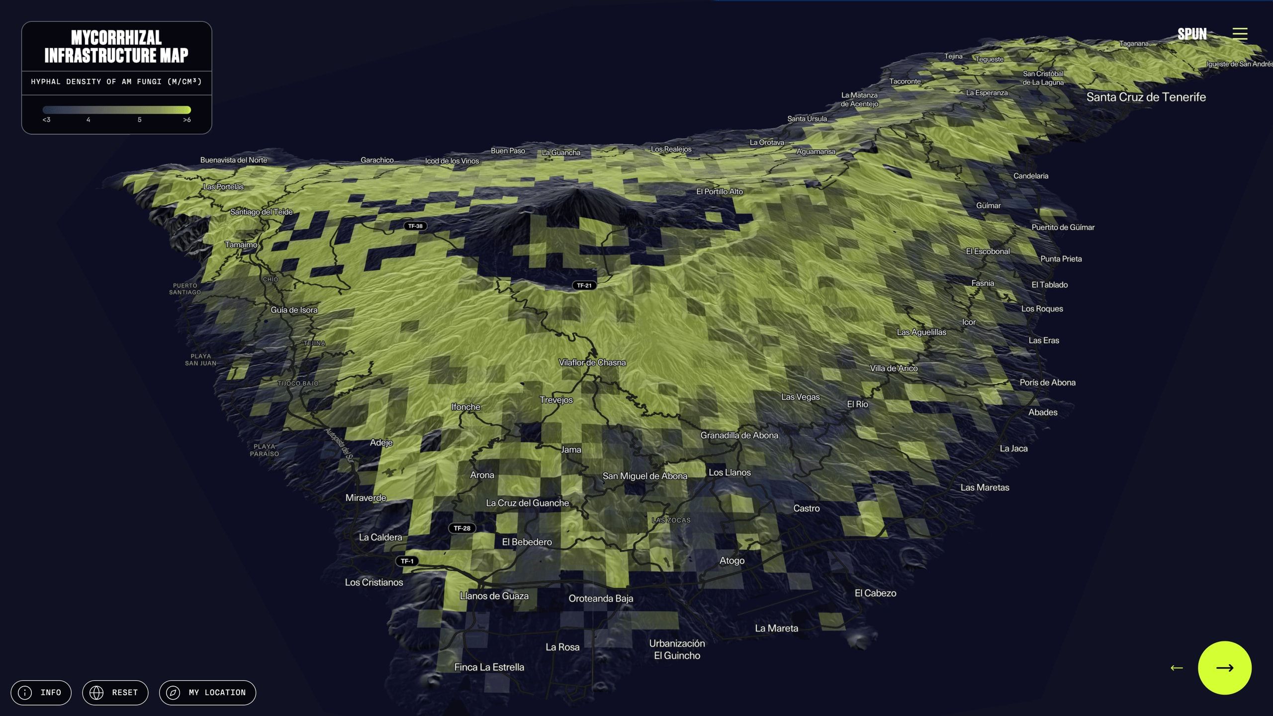 3D terrain map of Tenerife shaded by AM fungal hyphal density, brightest around Mount Teide