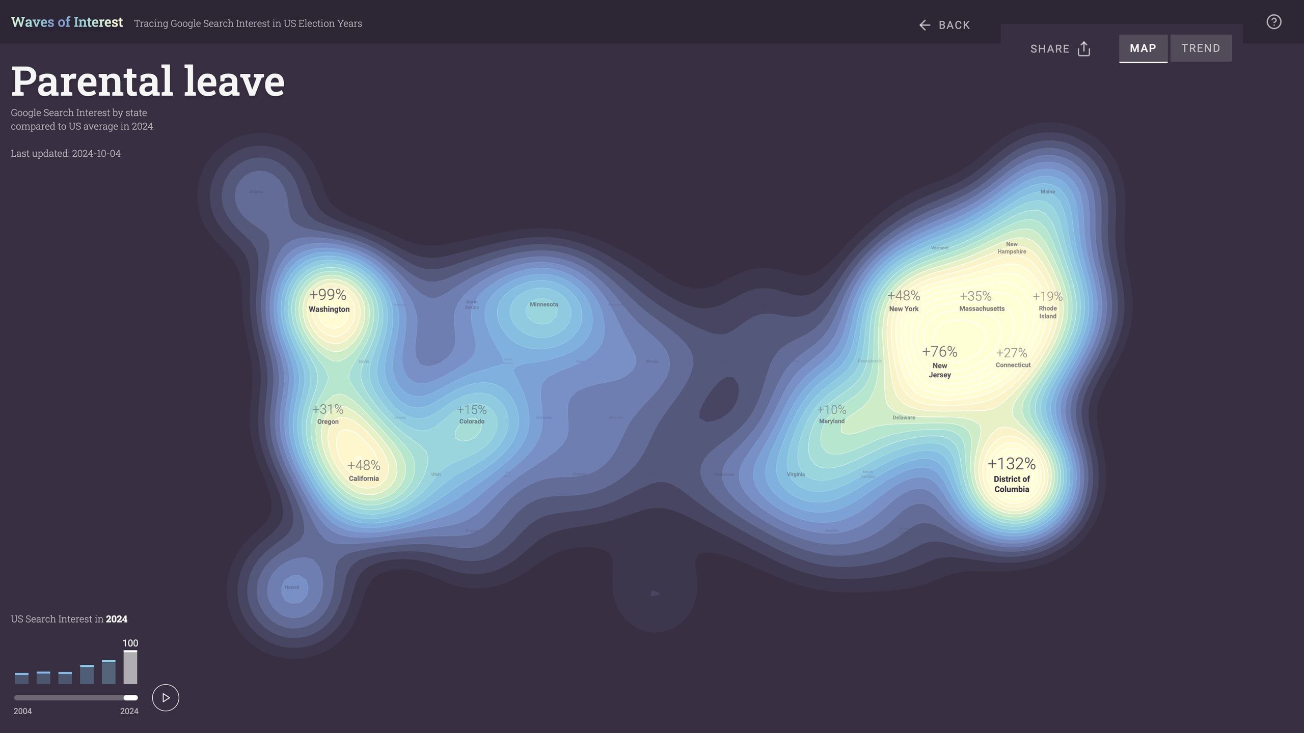 Blobby topographic map of US search interest by state, evoking islands and shores