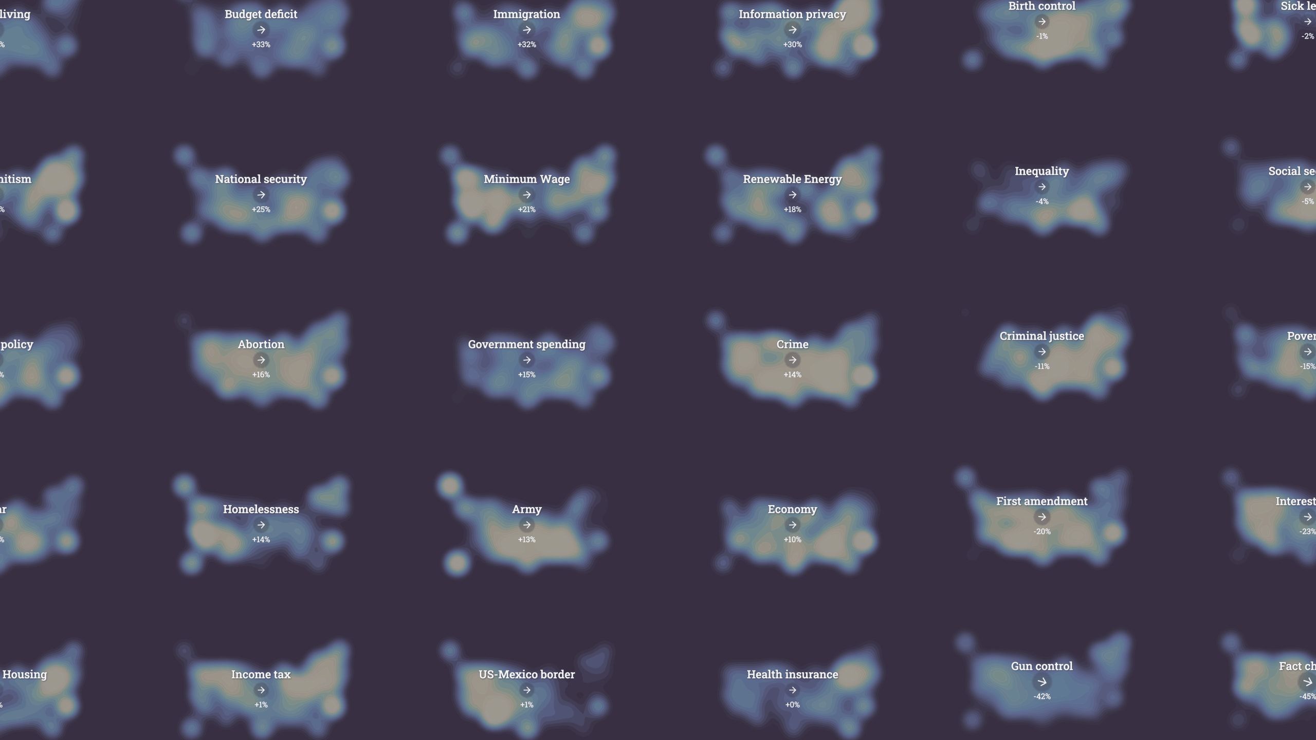 Small-multiples grid of blobby US maps comparing search interest across dozens of political topics