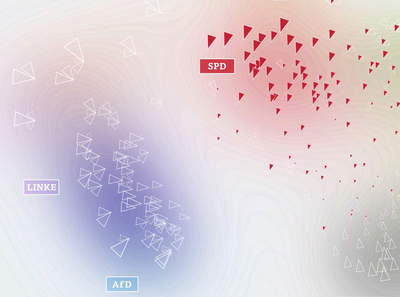 Map detail with red SPD triangles clustered upper right and faint Linke and AfD districts at left
