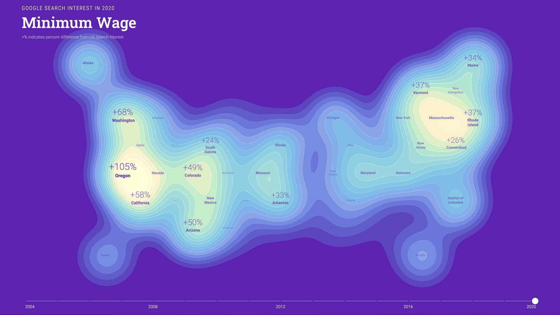 Blobby topographic map of US minimum-wage search interest in 2020, peaking in Oregon at +105%