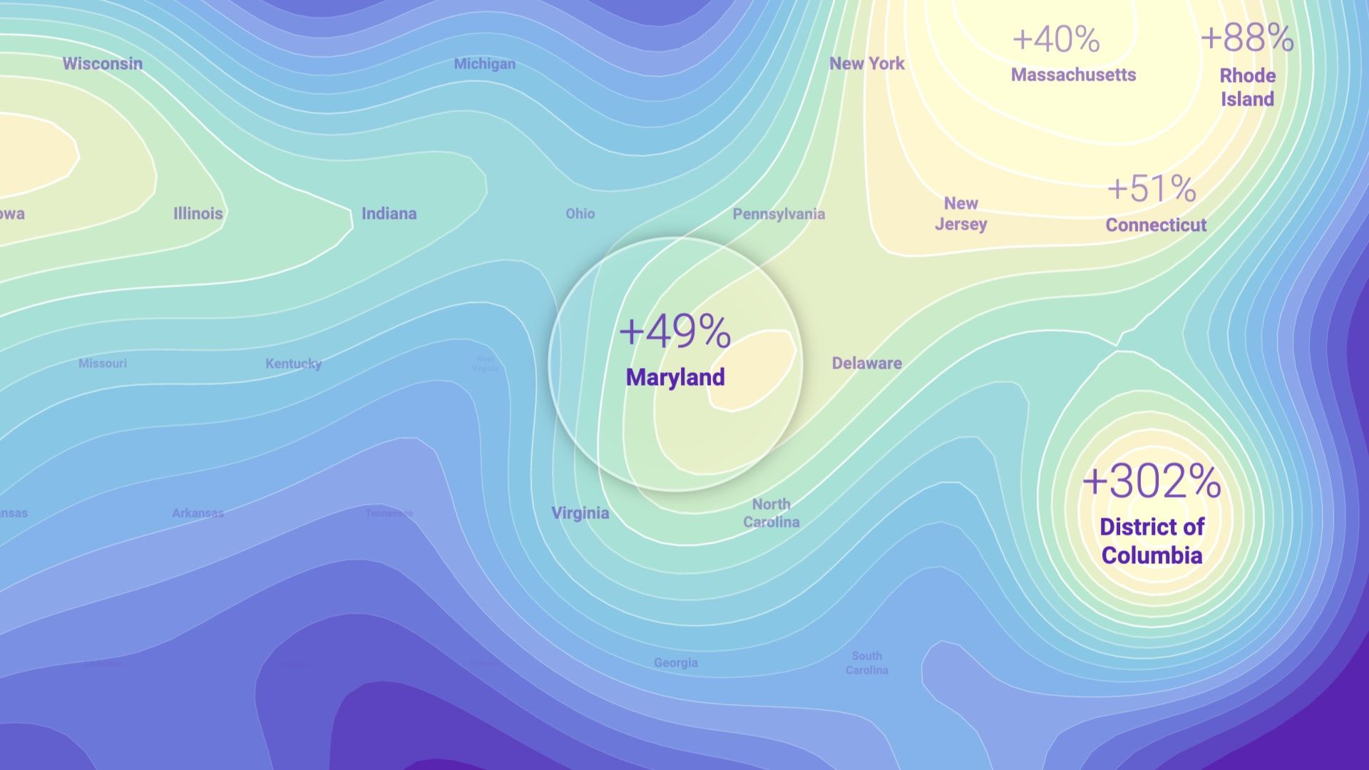 Close-up of the topographic interpolation, with state peaks like Washington DC at +302%