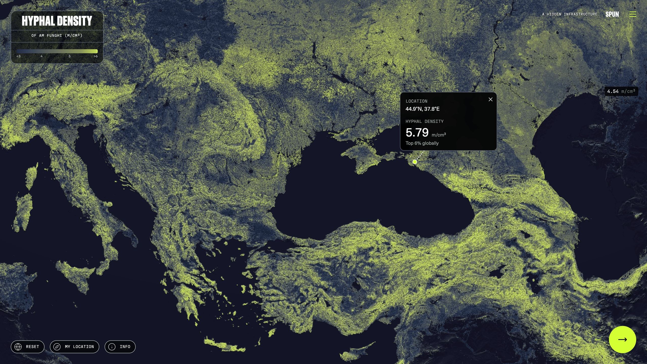Zoomed hyphal density map around the Black Sea with a 5.79 m/cm³ top 6% globally readout