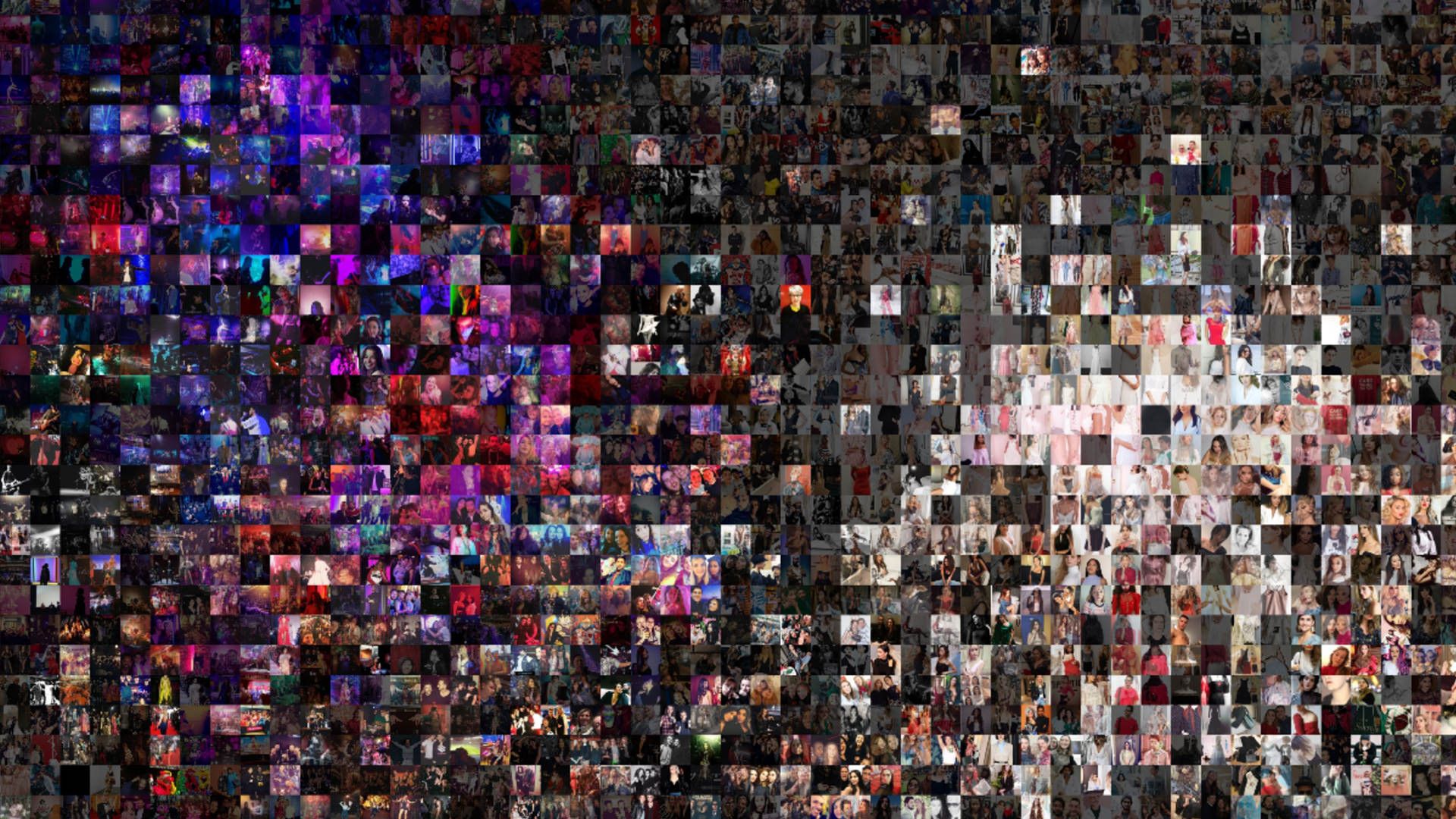 Grid of thousands of Instagram photos in one cluster, shading from dark nightlife shots to bright fashion portraits