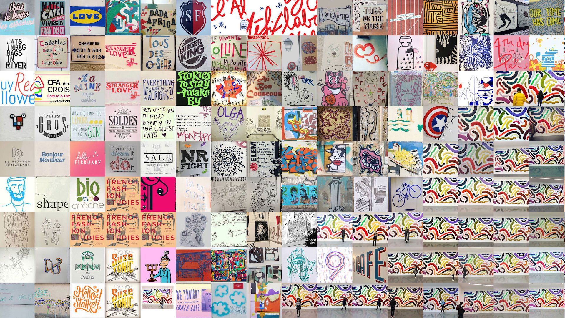 Cluster of art and design photos, typographic signs, murals and colorful street-art patterns
