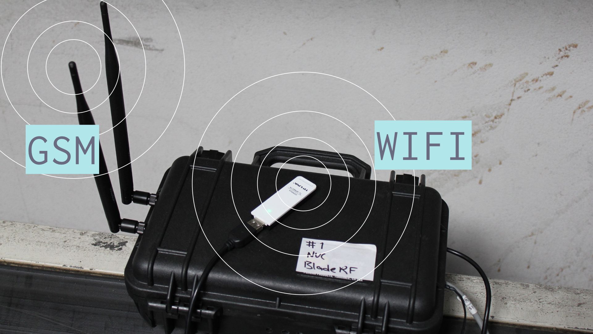 Stealth cellular base station in a black case with GSM and WiFi antennas labelled BladeRF