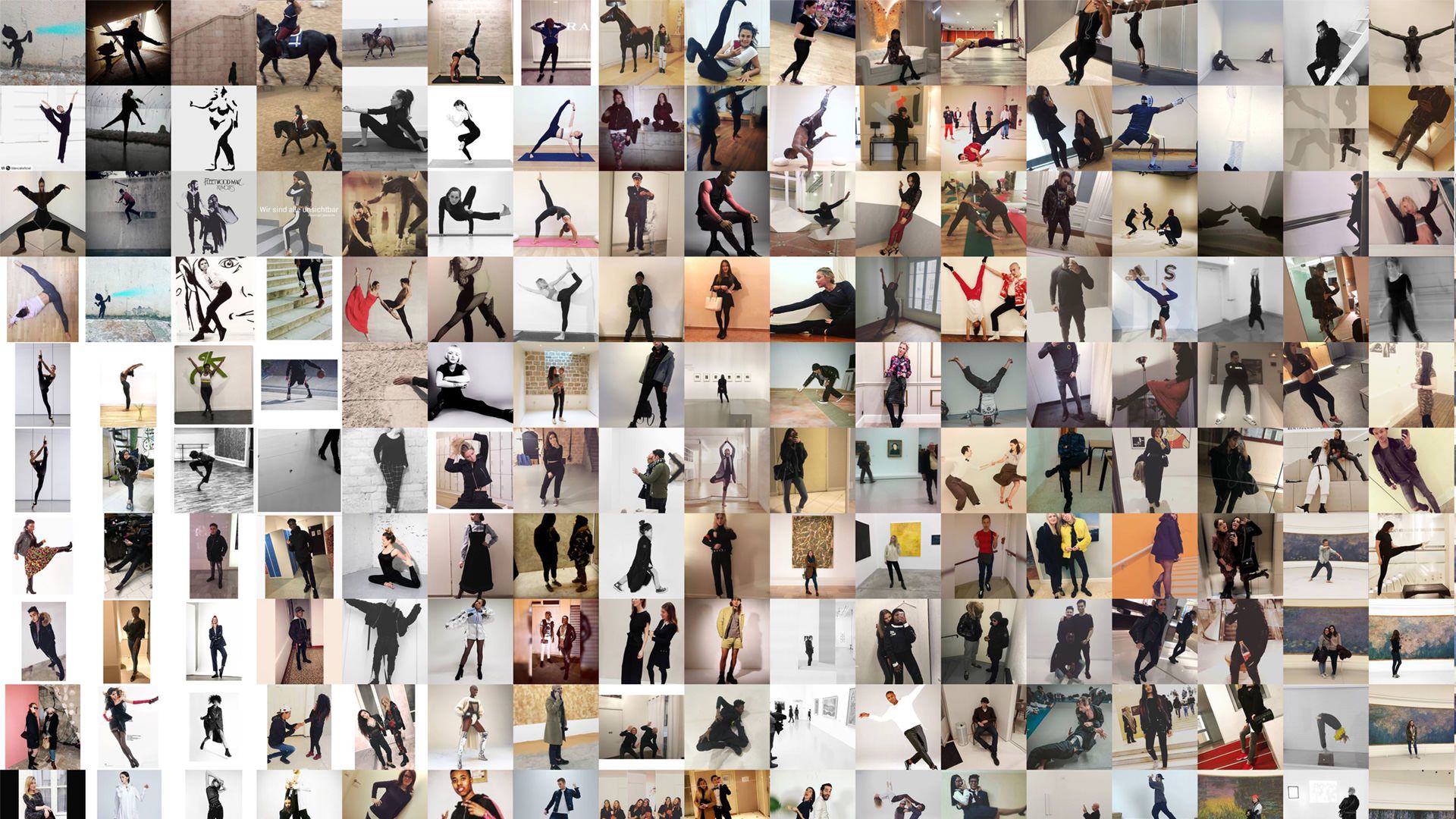 Tight cluster of near-identical photos of people striking the same dynamic dance and yoga poses