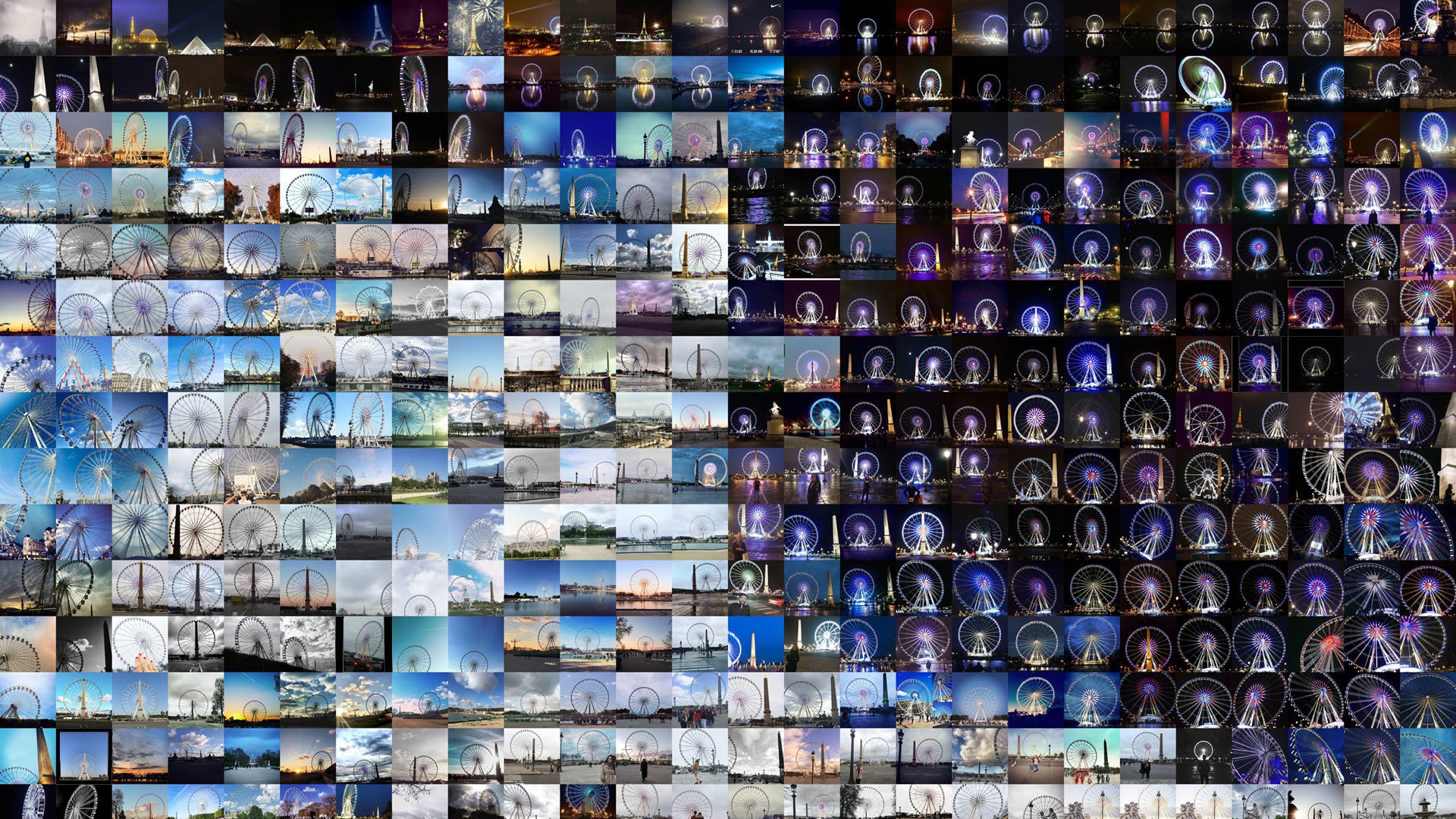 Tight cluster of photos of the Grande Roue Ferris wheel at Place de la Concorde, day and night