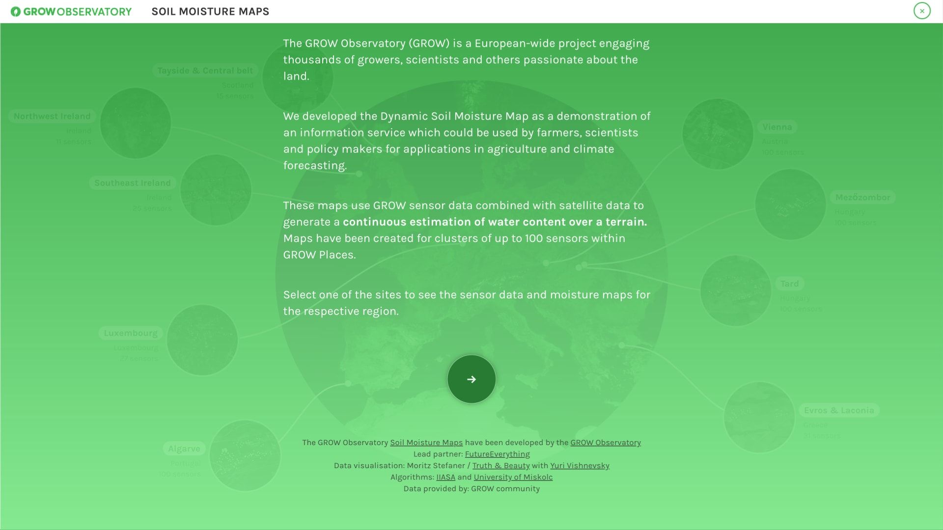 GROW Soil Moisture Maps intro screen with project description text over a faded Europe globe of sensor sites