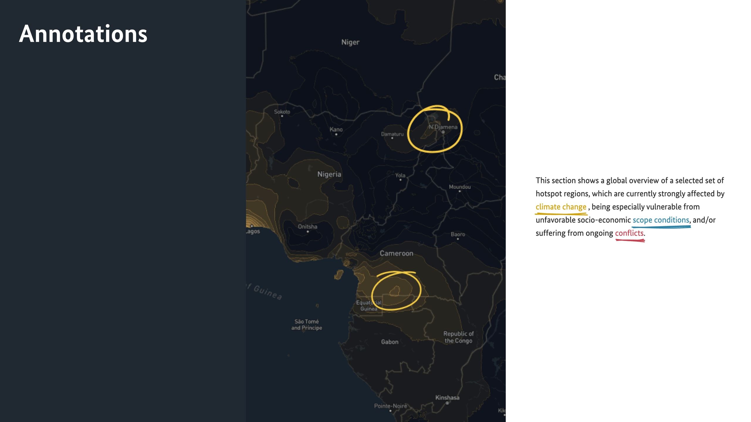 Annotated Sahel map with hand-drawn highlights linking climate change, scope conditions and conflict in the text