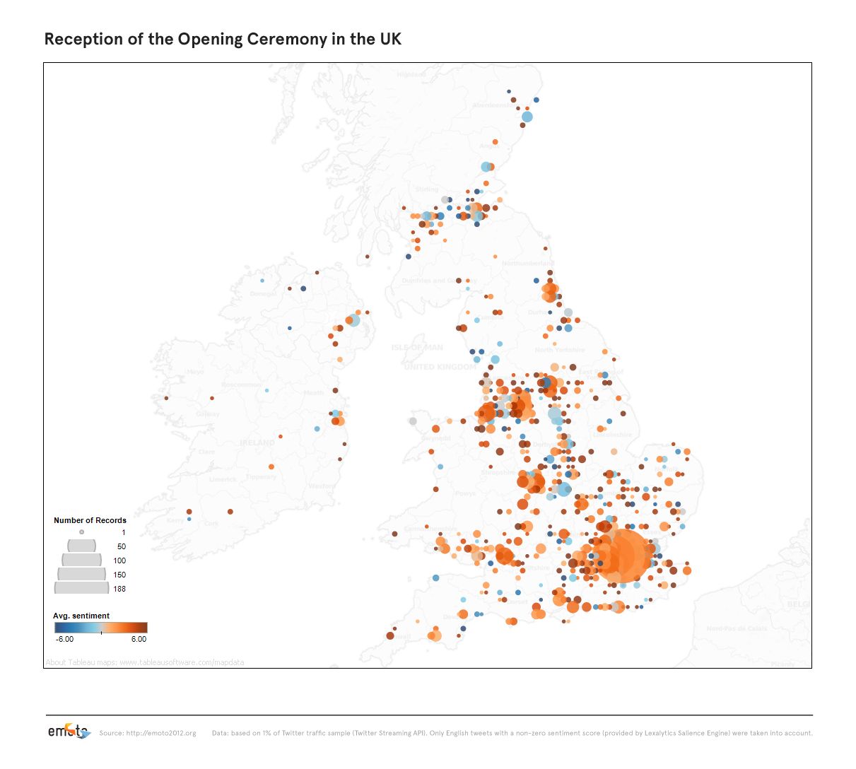Map of the UK plotting opening-ceremony tweet sentiment as colored bubbles sized by tweet volume