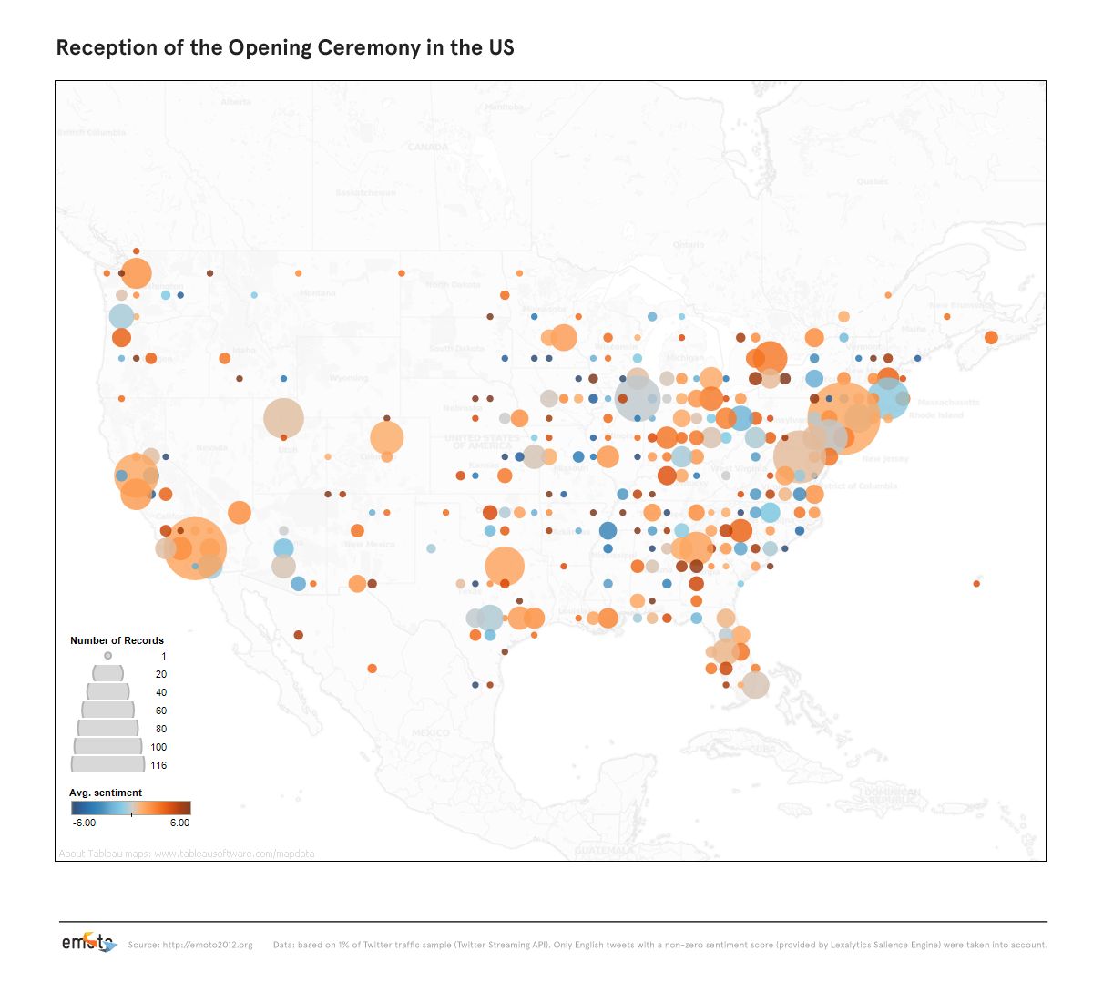 Map of the US plotting opening-ceremony tweet sentiment as colored bubbles sized by tweet volume