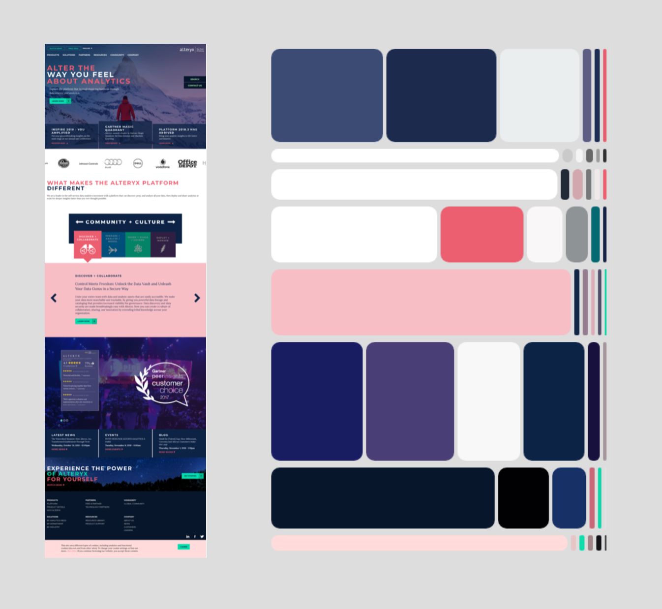 Alteryx homepage beside its extracted color palette shown as weighted horizontal color slices
