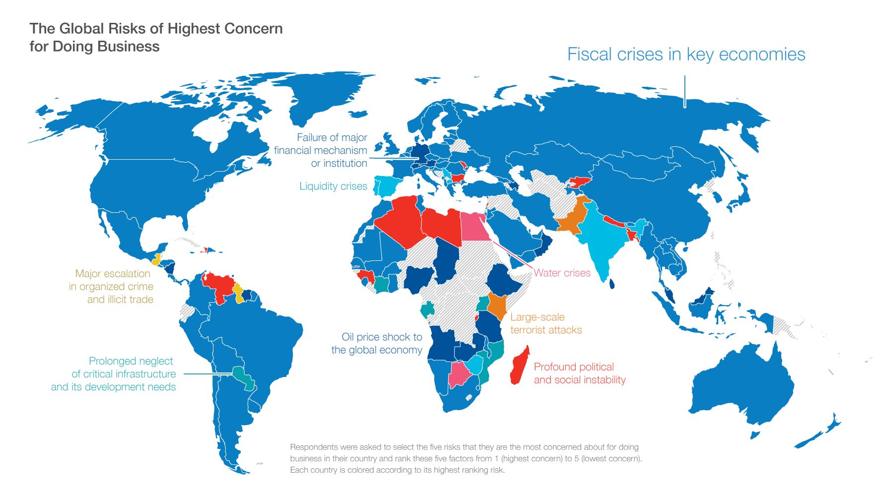World map of the global risk of highest concern for doing business per country, colored by each country's top-ranked risk