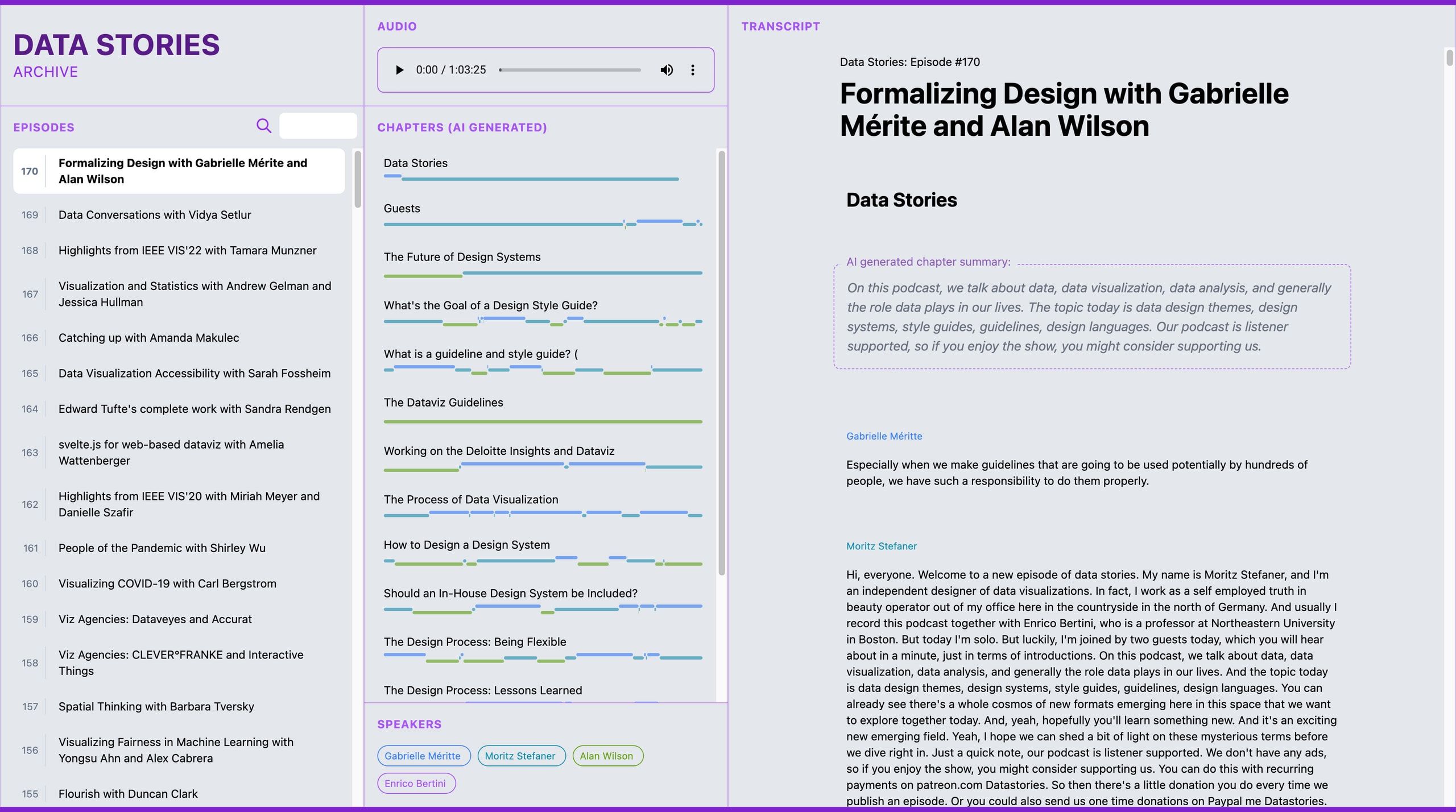 Data Stories Archive web interface with episode list, AI-generated chapters and a searchable transcript