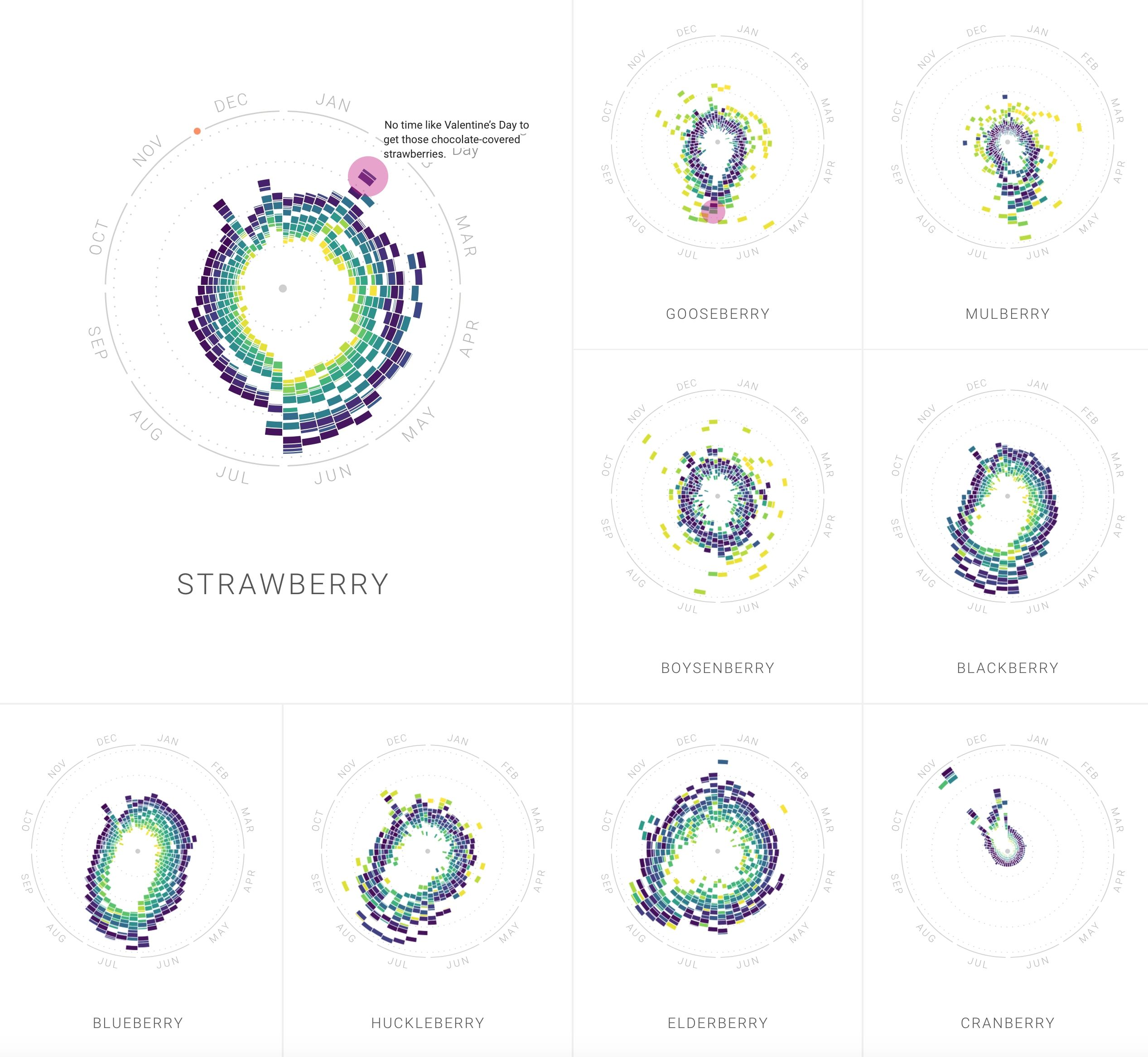 Grid of radial year-clock charts of search seasonality for strawberry and other berries, with a Valentine's Day peak highlighted
