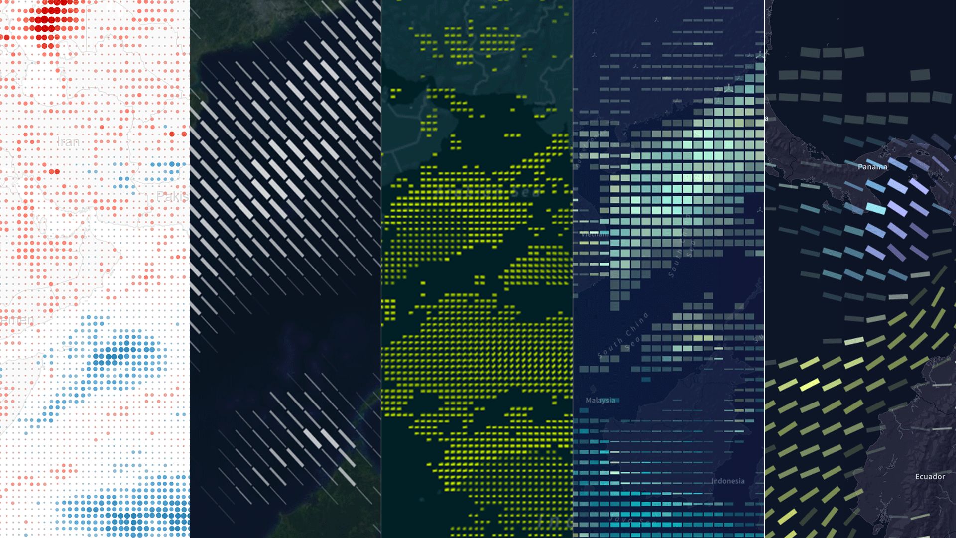 Five early design explorations of the wind data, from red-blue dot maps to glyph and grid encodings