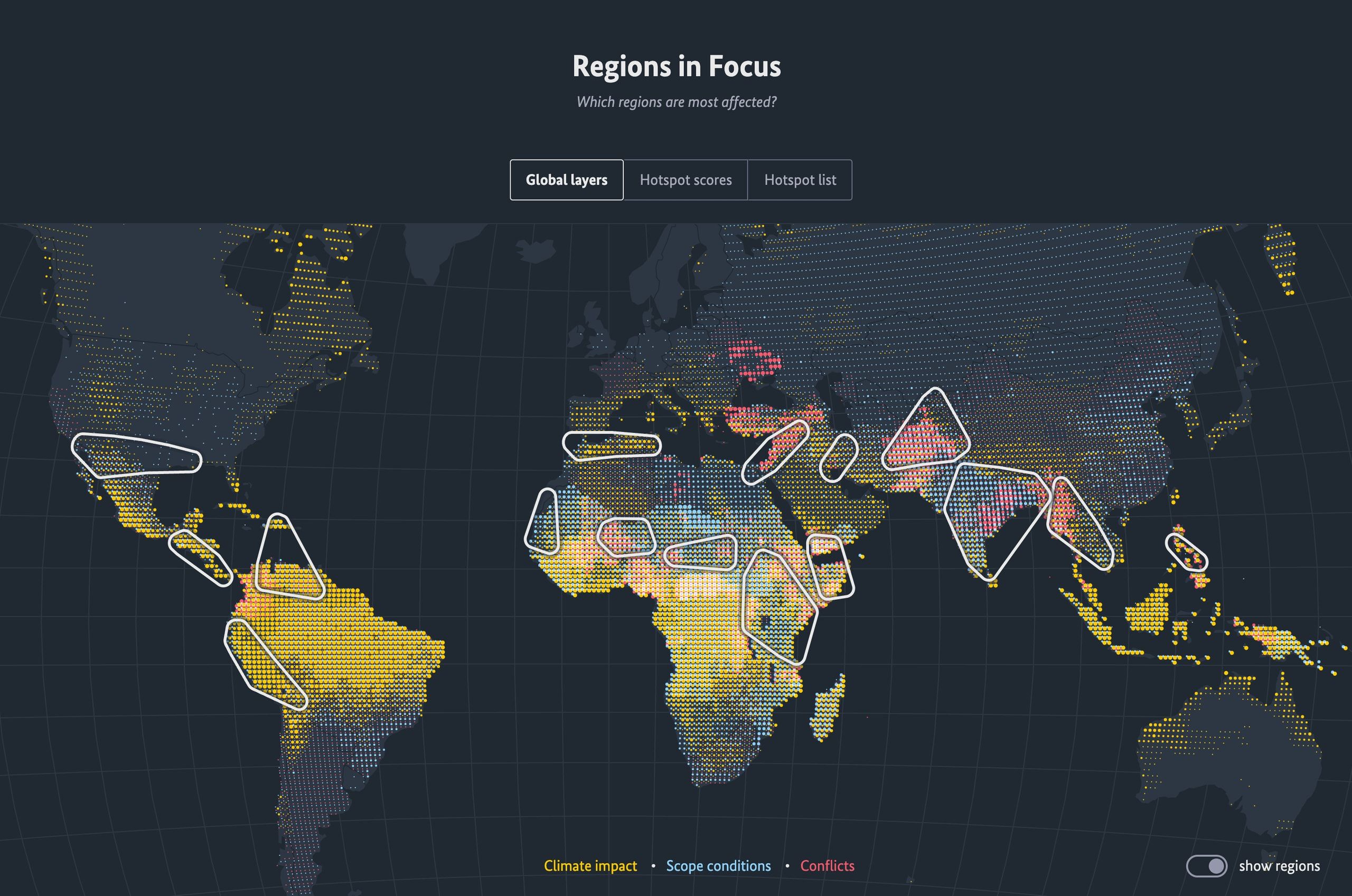 Global dot-density map highlighting hotspot regions by climate impact, scope conditions and conflict overlaps