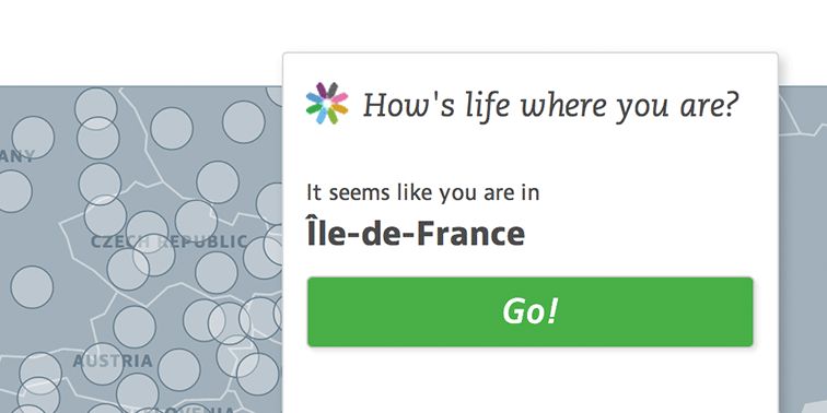 Site entry pop-up geolocating the visitor to Ile-de-France on a dotted map of OECD regions