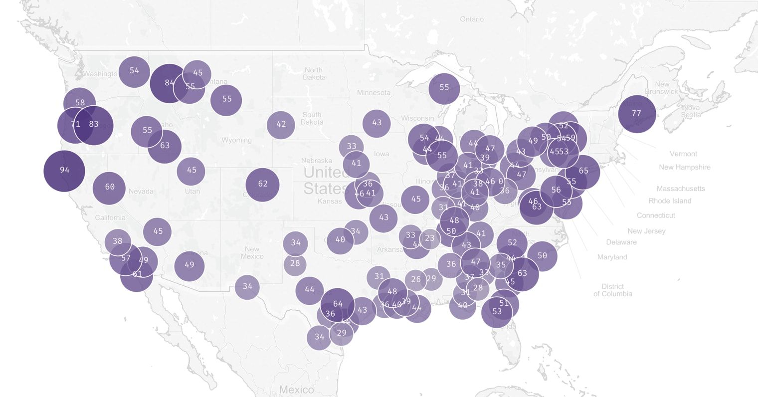 US bubble map of regional Google search interest in kale, highest across the Pacific Northwest
