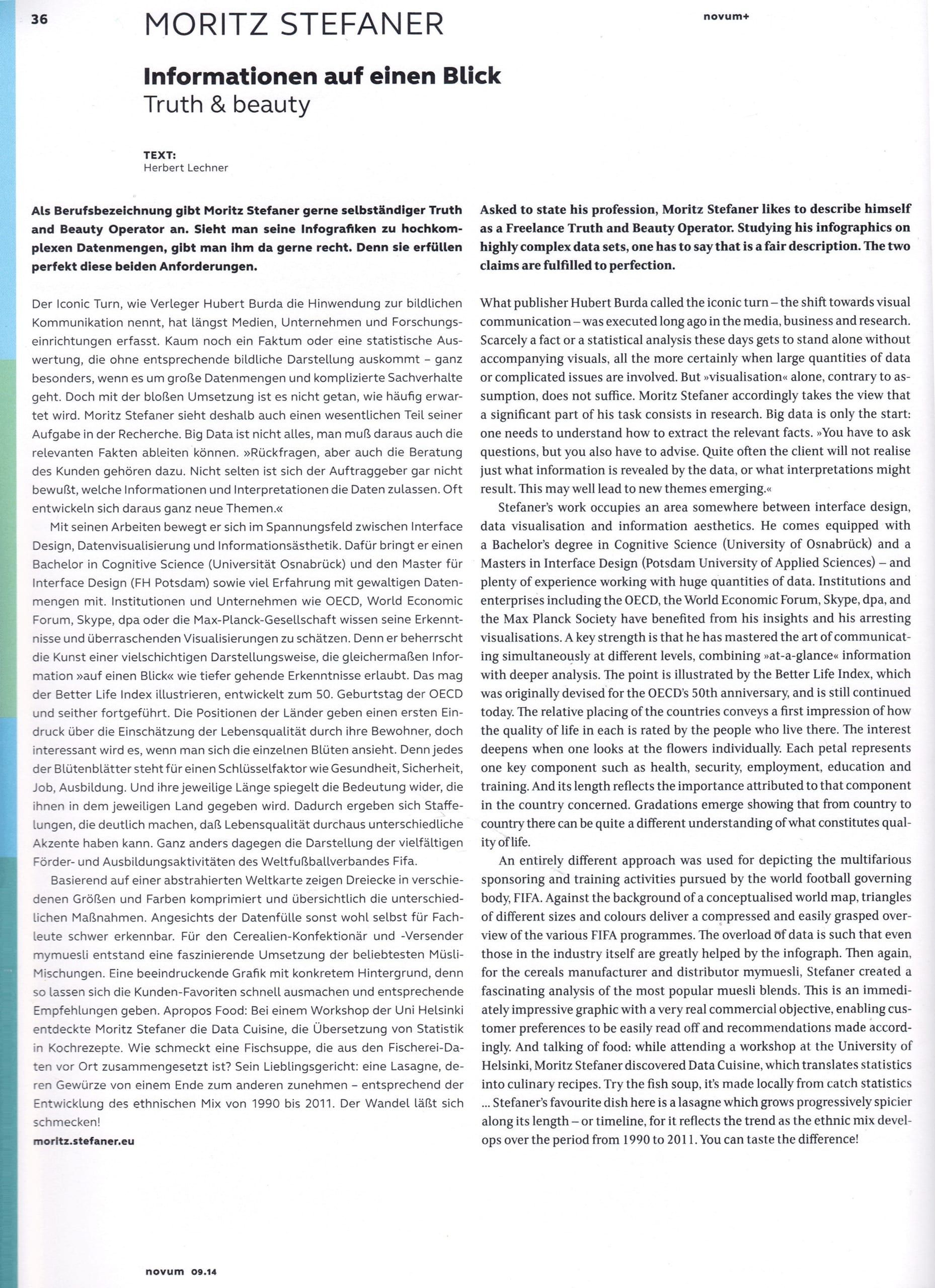 NOVUM magazine feature page on Moritz Stefaner, headlined Informationen auf einen Blick / Truth and beauty