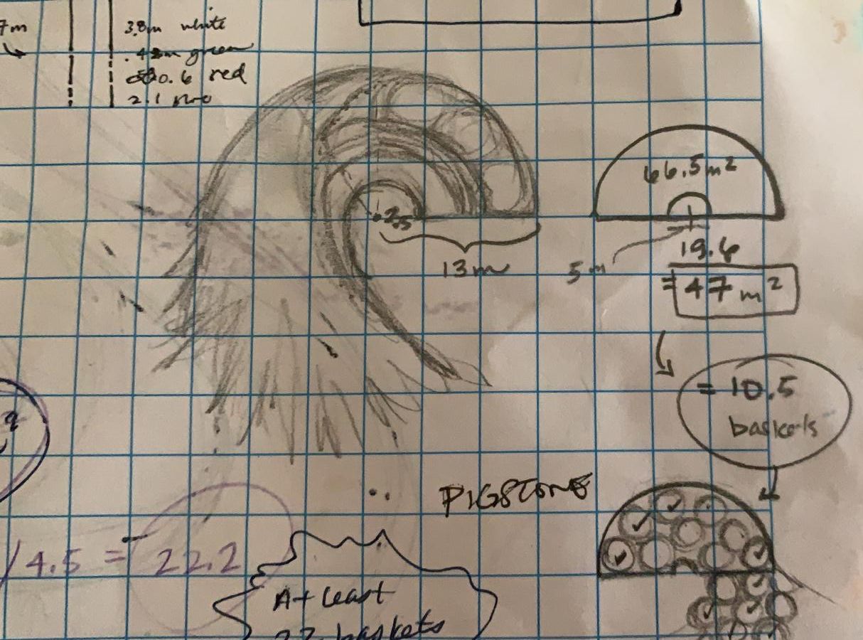 Hand-drawn planning sketch on graph paper with dimensions and basket counts for laying out the beach sculpture