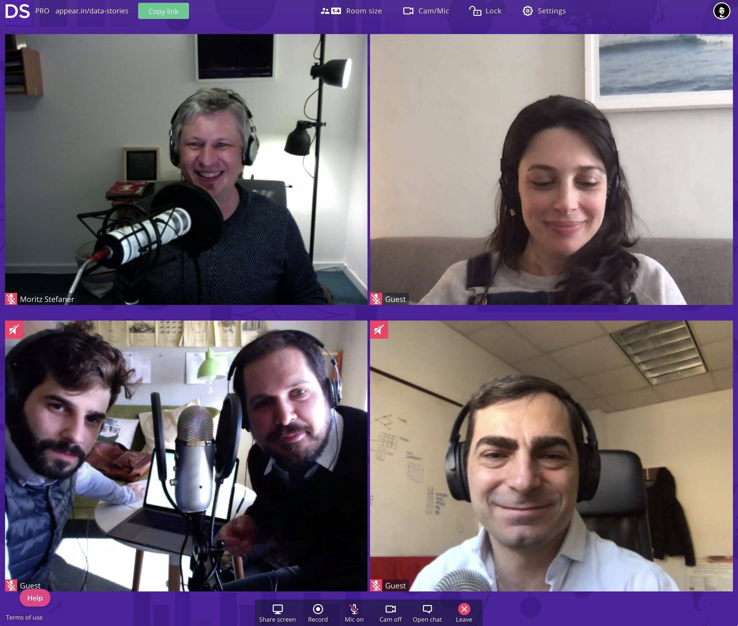 Four-way video call grid of a remote Data Stories recording with Moritz Stefaner and three headphoned guests