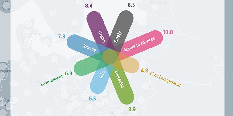 Eight-petal star chart scoring a region across Health, Safety, Access to services, Civic Engagement, Education, Jobs, Environment and Income