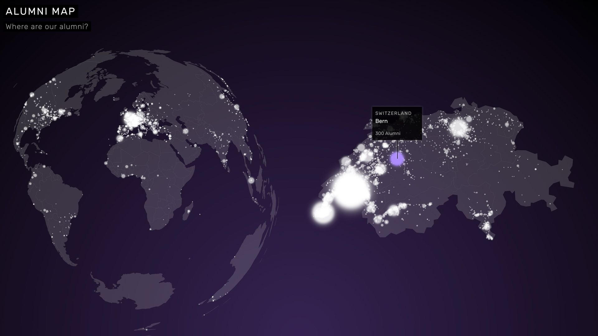 Alumni map with a glowing globe and zoomed Switzerland, highlighting Bern with 300 alumni