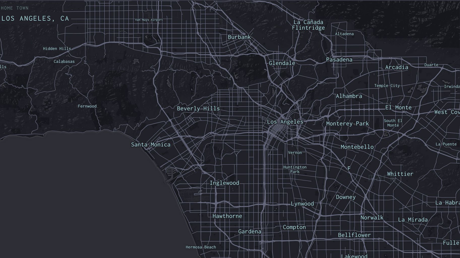 Dark map of Los Angeles labelled Home Town, part of a speculative personal profile