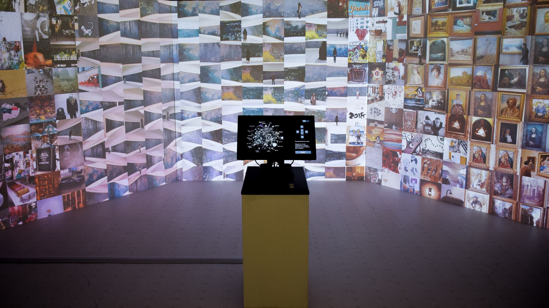 Installation view, projected wall spanning Monet Water Lilies panoramas and gilt-framed Louvre paintings including the Mona Lisa