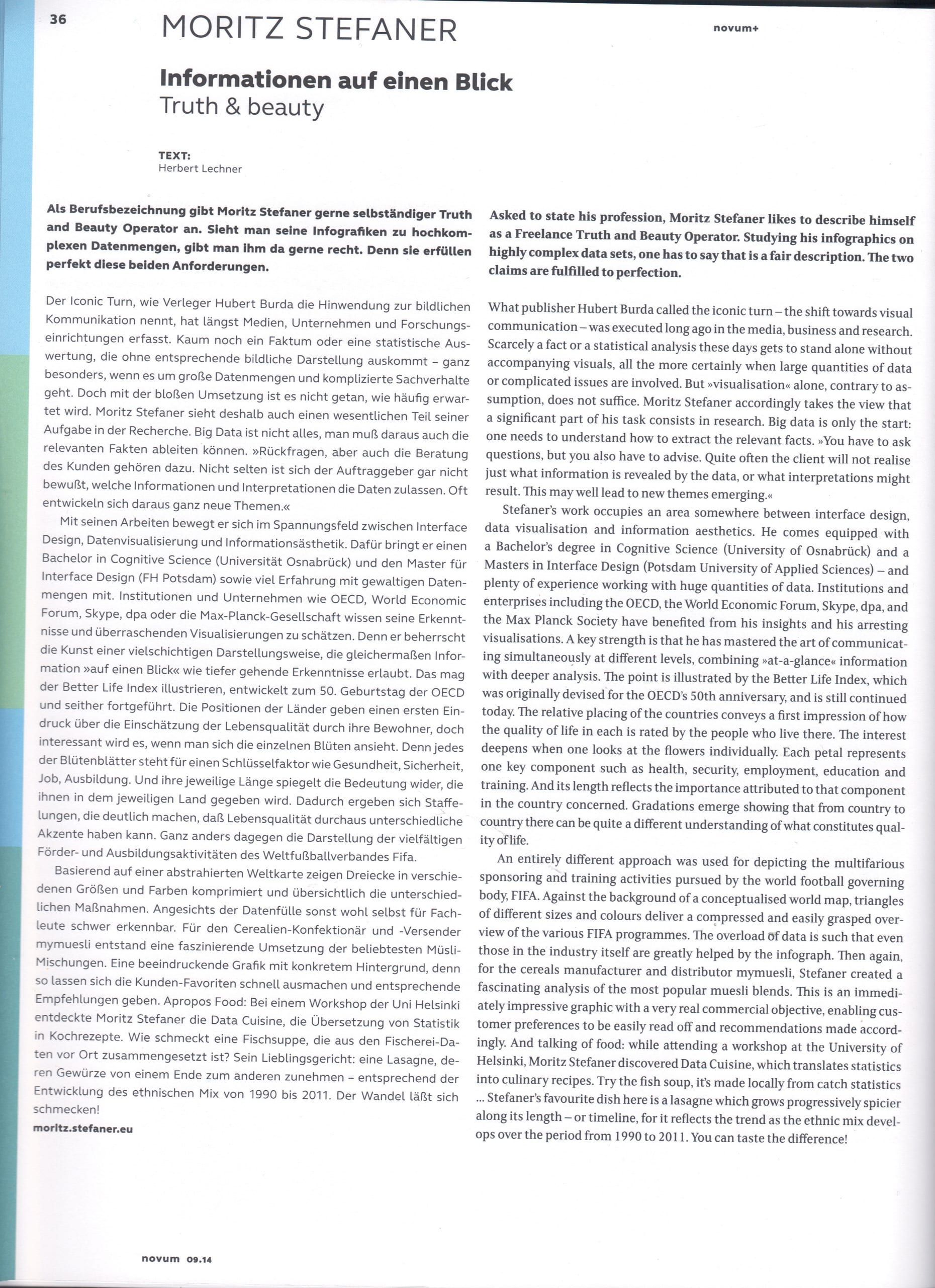 NOVUM magazine feature page on Moritz Stefaner, headlined Informationen auf einen Blick / Truth and beauty