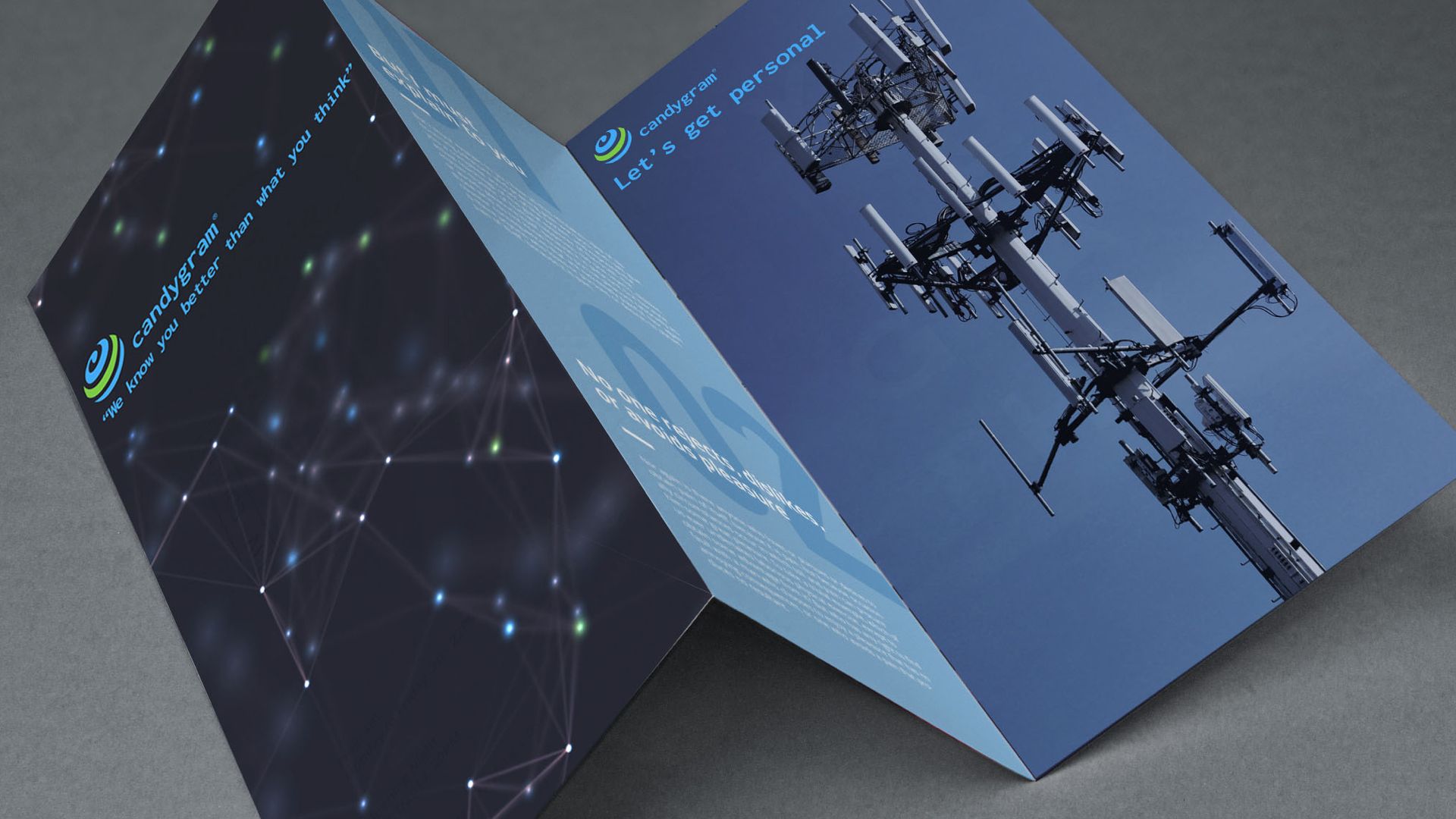Candygram tri-fold brochure with a cell tower photo and the slogan Let's get personal