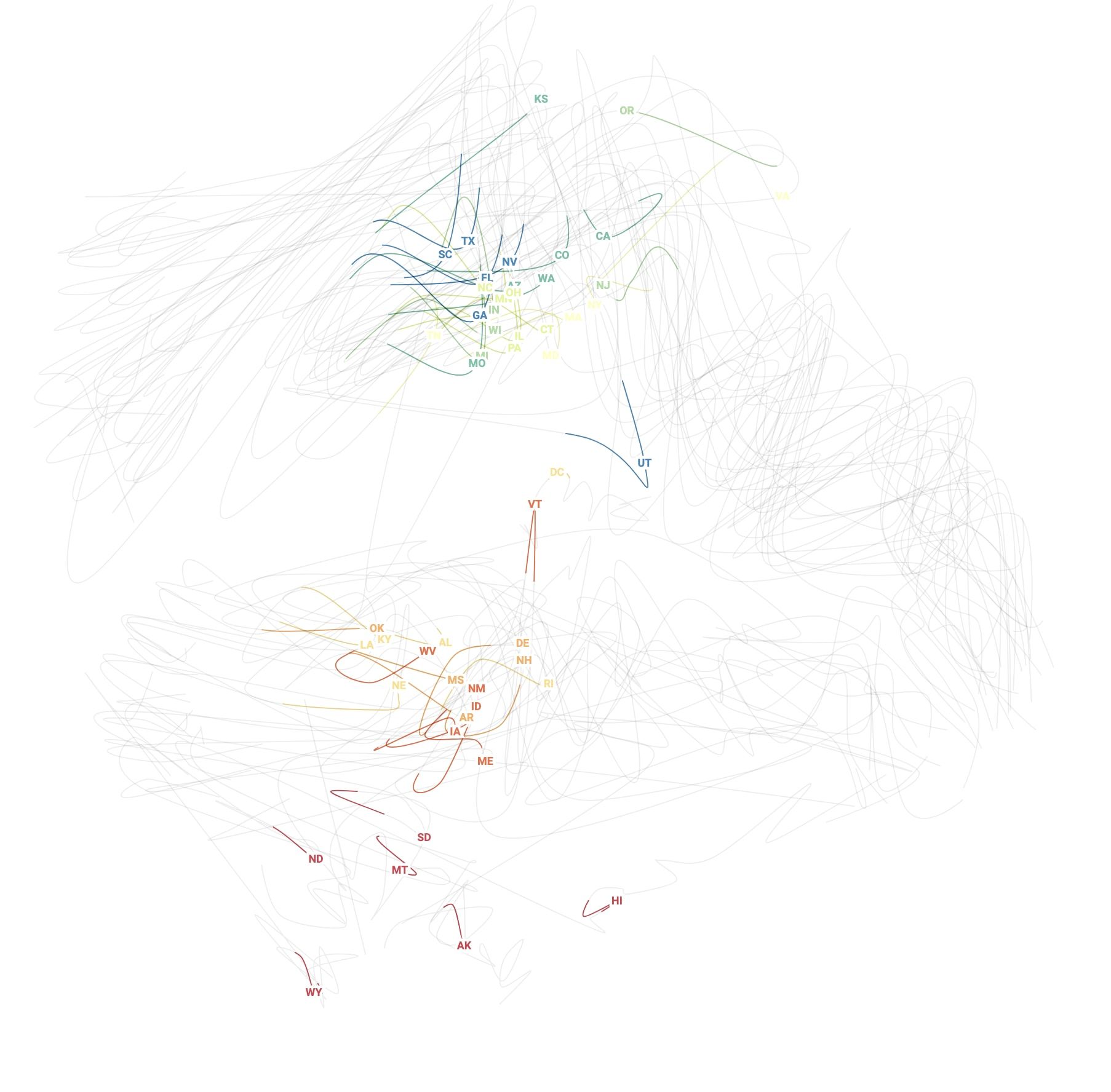 Discarded prototype: tangled colored trails tracing each state's search-interest path